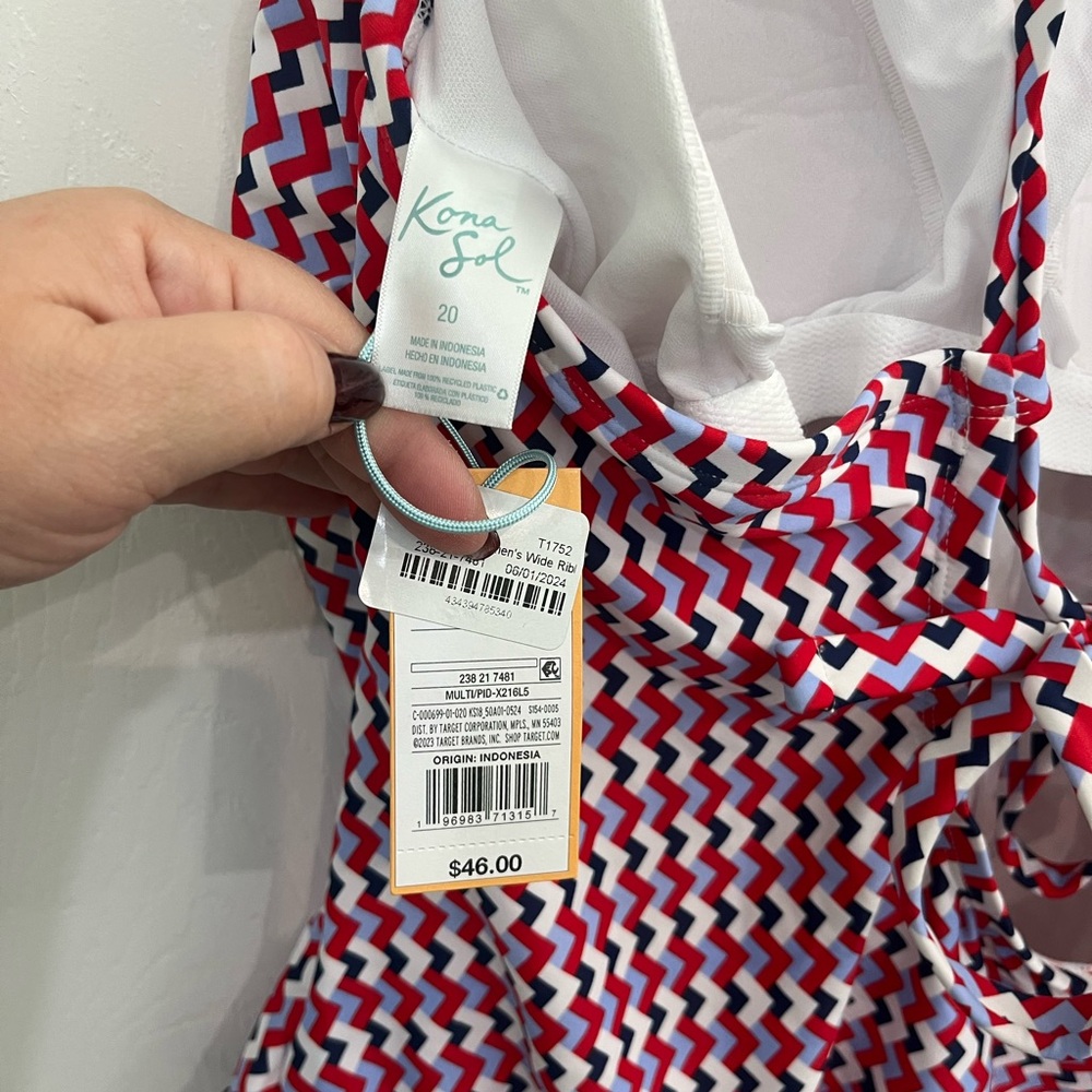 NWT Kona Sol Red White Blue Chevron Women's PLUS One-Piece Swimsuit Bathing Suit - Picture 8 of 11